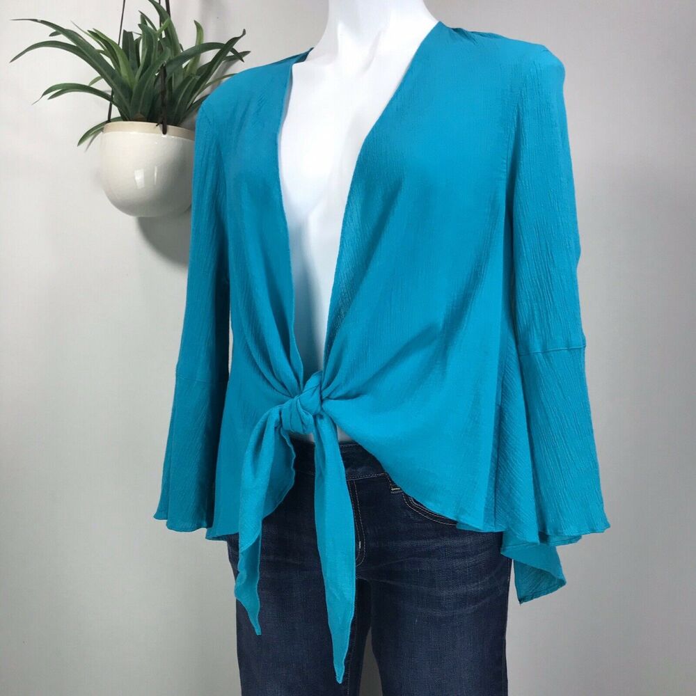 Tianello Turquoise Yuriko Blouse Crinkle Open or Knot‎ Front Cardigan Top Size S